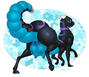 4_arms animal_genitalia animal_vulva big_butt black_body blue_body butt canine_genitalia canine_vulva chelicerae claws facial_horn female feral fingers furgonomic_piercing furgonomics genital_piercing genitals hexagon hooves horn looking_at_viewer looking_back multi_arm multi_eye multi_limb nipple_piercing nipples nose_horn nude piercing rear_view ring_piercing simple_background smile solo striped_body stripes tail teats thick_thighs udders vulva lillymoo salrith arthropod hybrid scalie absurd_res digital_media_(artwork) hi_res