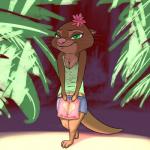 1:1 2019 absurd_res anthro barefoot bottomwear clothed clothing disney feet female flower fur green_eyes hi_res kris_(zootopia) looking_at_viewer mammal mustelid nemonutkin otter plant shirt shorts smile solo standing tank_top text topwear whiskers zootopia zootopia:_crime_files