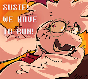 2_horns anthro biped clothed clothing constricted_pupils dialogue elemental_manipulation eyewear fangs fire fire_manipulation floppy_ears fur glasses horn looking_at_viewer looking_back looking_back_at_viewer male pink_eyes pink_horn pupils scared scarf small_pupils snout snowgrave solo teeth text wearing_glasses white_body white_fur wide_eyed yelling qwizibo deltarune undertale_(series) ralsei bovid caprine darkner goat mammal 2025 digital_drawing_(artwork) digital_media_(artwork) english_text hi_res reaction_image