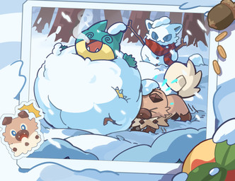 ambiguous_gender brown_body brown_fur feral fur group head_markings markings photo snow snowman tail dafeiegagaga nintendo pokemon kian_(kianyemao) canid canine canis domestic_dog generation_4_pokemon generation_7_pokemon mammal munchlax pokemon_(species) rockruff