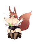 big_breasts blush blush_lines breast_expansion breasts brown_hair button_(fastener) button_pop cleavage clothed clothing expansion female green_eyes hair huge_breasts huge_thighs hyper hyper_breasts id_card kneeling motion_lines necktie office_clothing office_lady open_mouth short_stack simple_background solo tail text thick_thighs under_boob wardrobe_malfunction wide_hips puffywaffles animal_humanoid canid canid_humanoid canine canine_humanoid fox_humanoid humanoid mammal mammal_humanoid hi_res