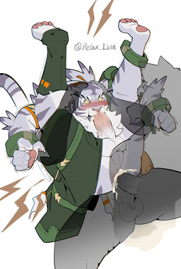 anthro autofellatio balls bodily_fluids bottomwear bottomwear_down carrying_another carrying_partner clothed clothing cum cum_from_nose cum_in_mouth cum_in_nose cum_inside disembodied_hand double_penetration empty_eyes erection genital_fluids genitals group head_grab humanoid_genitalia humanoid_penis legs_up male male/male masturbation oral oral_masturbation pants pants_down partially_clothed penetration penile penile_masturbation penis silhouette simple_background sitting stirrup_legwear tears translucent trio white_background yellow_eyes relax_lion cygames world_flipper nimbus_(world_flipper) felid mammal pantherine tiger hi_res signature watermark