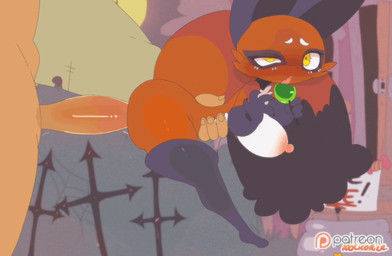 ambiguous_fluids anthro balls big_breasts big_tail breasts candy choker clothing dessert duo female food from_behind_position fur genitals gloves handwear jewelry larger_male long_boots male male/female necklace orange_body orange_fur penis sex shortstack size_difference smaller_female tail 100licorice nintendo pokemon canid canine fox generation_8_pokemon human mammal nickit pokemon_(species) from animated short_playtime sound video