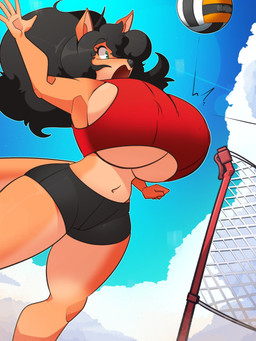 anthro big_breasts bottomwear bounce bra breasts clothing cloud female fluffy fluffy_hair hair huge_breasts impact_lines midriff net nipple_outline open_mouth shorts sky solo sport sports_bra under_boob underwear volleyball shoolmail delilah_(jund_wabbit) macropod mammal marsupial 3:4 hi_res