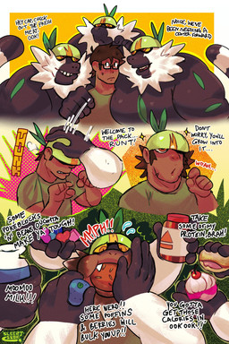 5_fingers anthro armor big_muscles big_pecs black_body black_fur black_hands black_tail blush blush_lines bodily_fluids cheek_bulge clothing cupcake dairy_products dialogue eating eating_food encouragement eyewear fingers food fruit fur fur_growth glasses green_markings grin group growth hand_over_shoulder headgear headgear_only helmet helmet_only human_to_anthro jock male markings muscular muscular_anthro muscular_arms muscular_male pecs plant protein sharp_teeth shirt smile snout snout_growth species_transformation stripes stubble sweat sweatdrop t-shirt tail teeth text topwear transformation transformation_sequence tuft white_body white_fur white_stripes white_tuft yellow_sclera sleezyslob nintendo pokemon generation_7_pokemon haplorhine human mammal monkey passimian pokemon_(species) primate 2026 comic english_text hi_res sequence
