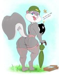 anthro blue_eyes buckteeth butt clothed clothing dialogue female fur garter_belt garter_straps grass grey_body grey_fur legwear looking_at_viewer looking_back mature_female mostly_nude name_drop open_mouth outside plant rear_view smile solo teeth text thick_thighs thigh_highs tongue usnarbit animaniacs warner_brothers slappy_squirrel mammal rodent sciurid tree_squirrel 2021 hi_res spanish_text translated