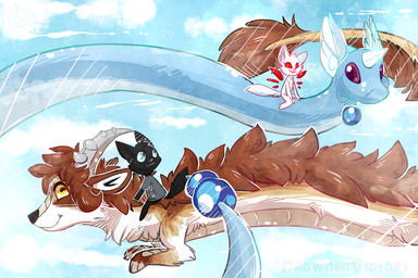 ambiguous_gender anthro black_body black_fur blue_body blue_eyes blue_sky brown_body brown_fur brown_mane clothed clothing cloud feral flying forehead_horn fur grey_horn group horizontal_pupils horn long_body mane pupils purple_eyes red_eyes riding shirt sky smile snout tail tail_tuft topwear tuft white_body white_fur yellow_eyes crownedvictory mythology nintendo pokemon bovid canid canine caprine domestic_cat dragon dragonair eastern_dragon felid feline felis fox generation_1_pokemon goat hybrid ibex mammal marble_fox mythological_creature mythological_scalie nubian_ibex pokemon_(species) red_fox scalie true_fox 2015 3:2 digital_drawing_(artwork) digital_media_(artwork) shaded