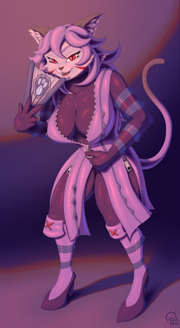 anthro boots breasts clothing fan_(object) female footwear fur gloves hair handwear high_heeled_boots high_heels jumpsuit pink_body pink_fur pupils purple_hair red_eyes shoes slit_pupils solo stripes tail unzipped zipper sacrificabominat cyberconnect2 little_tail_bronx solatorobo opera_kranz domestic_cat felid feline felis mammal absurd_res hi_res