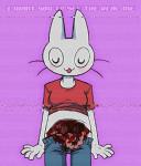 anthro blood blush bodily_fluids bottomwear clothed clothing denim denim_bottomwear denim_clothing dialogue eyes_closed female fur gore grotesque jeans long_ears pants shirt solo text tongue topwear cuteosphere lagomorph leporid mammal rabbit english_text