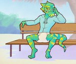 anthro barefoot bench cigarette cigarette_in_mouth clean_diaper clothed clothing diaper exhibitionism feet green_body hoodie looking_aside looking_at_viewer male markings object_in_mouth outside plant simple_background solo spread_legs spreading striped_markings stripes topwear tree wearing_diaper zipper zuago chameleon lizard reptile scalie digital_media_(artwork) hi_res signature