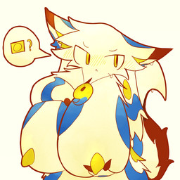big_breasts blush blush_lines bodily_fluids breasts cheek_tuft facial_tuft female feral fur huge_breasts hyper hyper_breasts jewelry lewd_symbolism looking_at_viewer necklace requesting sex_request simple_background solo sweat tail tricolor_fur tuft yubenshang mammal 1:1