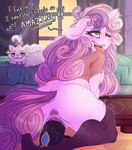 2018 absurd_res aged_up animal_dildo animal_sex_toy anthro anus bed bedroom being_watched bodily_fluids breasts butt clothing dialogue digital_media_(artwork) dildo dildo_sitting dimwitdog domestic_cat duo english_text equid equine equine_dildo felid feline felis female friendship_is_magic fur furniture genital_fluids genitals green_eyes hair half-closed_eyes hasbro hi_res horn inside legwear long_hair looking_at_another looking_pleasured mammal masturbation motion_lines multicolored_hair my_little_pony mythological_creature mythological_equine mythology narrowed_eyes nipples opalescence_(mlp) penetration presenting presenting_anus presenting_pussy pussy sex_toy signature sweetie_belle_(mlp) text tongue tongue_out toying_self two_tone_hair unicorn vaginal vaginal_fluids vaginal_masturbation vaginal_penetration white_body white_fur window