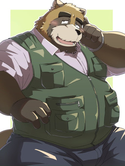 anthro black_nose blush brown_body brown_fur clothing fur humanoid_hands kemono male mature_male overweight overweight_male shirt simple_background solo topwear emufu canid canine mammal raccoon_dog tanuki 2025 3:4 hi_res