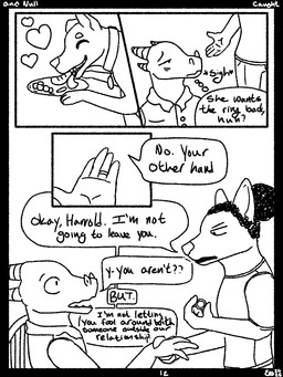 clothing collar dialogue duo_focus eating eating_food group hand_holding male ring_(jewelry) surprised text trio qwaxi~lixard canid canine canis domestic_dog lizard mammal reptile scalie 3:4 black_and_white comic english_text hi_res monochrome