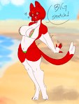 anthro beach big_breasts bikini breasts clothing colored_nails countershading digitigrade eyes_closed female fur hair nails navel open_mouth red_body red_fur red_hair red_nails seaside solo stretching swimwear thick_thighs tuft two-piece_swimsuit white_nails guronolock miss_cake domestic_cat felid feline felis mammal absurd_res hi_res