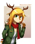 accessory anthro antlers biscuit_(food) blonde_hair bread breasts brown_body candy chocolate clothed clothing dessert eating electronics emblem female fingers food gradient_background green_clothing green_eyes green_jacket green_topwear hair headband headgear headphones headset headset_microphone holding_food holding_object horn jacket looking_at_viewer markings medium_breasts open_mouth red_nose red_scarf scarf shirt simple_background snack solo spots spotted_body standing tail text topwear white_clothing white_shirt white_topwear railjet jocelyn_(railjet) deer mammal 4:5 absurd_res digital_media_(artwork) hi_res