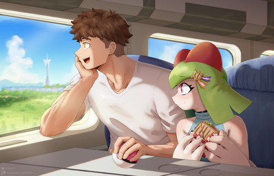 4_fingers 5_fingers brown_eyes clothed clothing detailed_background duo eyebrows eyelashes female fingers food freckled_face freckled_shoulders freckles hair holding_food holding_object male male_human open_mouth open_smile pokeball red_eyes sandwich_(food) shirt smile t-shirt topwear white_clothing white_shirt white_t-shirt white_topwear gammainks nintendo pokemon fan_character kim_(gammainks) generation_3_pokemon human humanoid kirlia mammal pokemon_(species) 2025 absurd_res digital_media_(artwork) hi_res