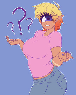 1_eye clothed clothing colored_nails female gesture hair humanoid_pointy_ears looking_at_viewer multicolored_hair nails not_furry pointy_ears purple_eyes question_mark shrug simple_background smile solo two_tone_hair souladdicted viviana_(souladdicted) cyclops humanoid 2018 4:5 absurd_res digital_media_(artwork) hi_res