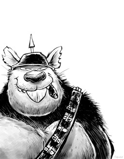 anthro armor biped headgear helmet male moobs overweight overweight_male simple_background smile smoking solo standing toony white_background jwbalsley boss_rat mammal murid murine rat rodent 2025 hi_res monochrome