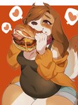 anthro bacon belly blush bottomwear breasts brown_body brown_fur brown_hair burger cheese cleavage clothed clothing collar dairy_products denim denim_bottomwear denim_clothing denim_shorts detailed_food dipstick_tail eating eating_food egg eyebrows female female_anthro floppy_ears food food_on_face fried_egg fruit fur gradient_background hair hair_over_eye heart_reaction heart_symbol holding_food holding_object hoodie kneeling lettuce markings meat medium_breasts multi_heart_reaction navel_outline one_eye_obstructed orange_clothing orange_hoodie orange_topwear plant raised_tail red_collar shirt shorts simple_background slightly_chubby smile solo sweater tail tail_markings tank_top thick_eyebrows thick_thighs tomato topwear vegetable white_body white_fur wide_hips kaeritai07 june_(largefluffydog) canid canine canis domestic_dog mammal 2022 detailed digital_media_(artwork) hi_res icon pictographics shaded soft_shading warm_colors