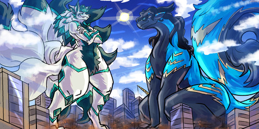 9_tails anthro atmosphere big_tail black_body black_fur black_horn blue_body blue_fur city city_background cloud crossed_arms dipstick_tail duo dust_cloud embers eye_contact female feral fluffy fluffy_tail fur glowing glowing_markings green_body green_eyes green_fur green_hair green_hairtips green_markings green_tail_tip hair hair_over_face horn huge_tail hyper hyper_tail long_tail looking_at_another low-angle_view macro male markings multi_tail sitting smile smirk smirking_at_another smoke standing tail tail_markings thick_thighs white_body white_fur yellow_eyes yellow_markings mrease kobalstromo sevan_(k'braid) canid canine fox_spirit furred_drake mammal 2:1 hi_res trans_(lore) trans_woman_(lore)