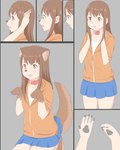 anthro bottomwear brown_hair clothed clothing collar female fully_clothed grey_background hair human_to_anthro kneeling open_mouth shirt simple_background skirt solo species_transformation standing surprise topwear transformation roina canid canine canis domestic_dog human mammal 2018 comic hi_res