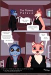 ambiguous_gender anthro clothed clothing dialogue duo furniture hotel lobby open_mouth text work_clothes mynka lennox_(mynka) raelynn_(mynka) amphibian canid canine fox mammal salamander 3d_(artwork) comic digital_media_(artwork) english_text hi_res