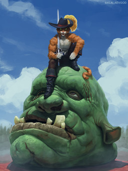 anthro blood bodily_fluids boots bottomwear clothing death fangs footwear fur green_eyes hat headgear headwear male melee_weapon orange_body orange_fur pants scar severed_body_part severed_head shoes sword teeth weapon balalaevgod dreamworks puss_in_boots_(franchise) puss_in_boots_(dreamworks) domestic_cat felid feline felis mammal monster ogre 3:4 hi_res