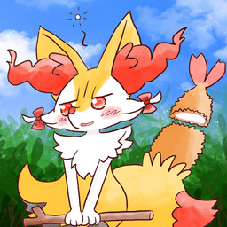 ambiguous_anthro ambiguous_gender anthro biped blush bow_ribbon detailed_background dipstick_tail food front_view furgonomics holding_object holding_stick leaf markings object_in_tail open_mouth open_smile outside shrimp_(food) sky smile snout solo standing stick tail tail_markings annyui0611 nintendo pokemon braixen canid generation_6_pokemon mammal pokemon_(species) 1:1 2022 digital_drawing_(artwork) digital_media_(artwork) half-length_portrait hi_res japanese_description portrait translated_description