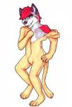 4_toes 5_fingers anthro biped bulge clothed clothing feet fingers fur grey_body grey_fur hair licking licking_lips licking_own_lips looking_at_viewer male on_one_leg partially_clothed red_body red_fur red_hair self_lick short_hair simple_background skinsuit smile solo spandex standing tight_clothing toes tongue tongue_out white_background white_body white_fur yellow_body yellow_fur zentai synthwolf canid canine mammal full-length_portrait portrait