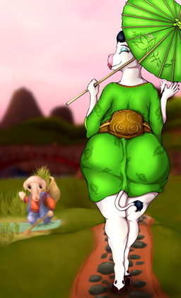 anthro asian_clothing basket big_butt black_eyebrows black_eyes black_hair blue_bottomwear blue_clothing blue_eyeshadow blue_pants bottomwear butt clothing container duo east_asian_clothing eyebrows eyelashes eyeshadow female grass green_clothing green_kimono hair holding_object holding_umbrella japanese_clothing kimono lips makeup male outside pants pink_nose plant pond red_clothing red_lips red_topwear smile smiling_at_another tail tan_body tan_ears thick_lips thick_thighs topwear umbrella waving_hand white_body white_tail finnvigorspear wizard101 moolinda_wu bovid bovine caprine cattle mammal sheep 2026 absurd_res colored digital_media_(artwork) hi_res shaded