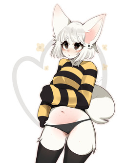 anthro biped black_clothing black_eyes black_legwear black_panties black_thigh_highs black_underwear blush body_blush breasts clothed clothing countershading cropped_sweater ear_piercing ear_stud eyelashes female fluffy fluffy_tail front_view fur hair legwear medium_breasts midriff monotone_hair navel oversized_sleeves panties pattern_clothing pattern_sweater pattern_topwear piercing pink_body pink_countershading simple_background solo standing striped_clothing striped_sweater striped_topwear stripes sweater tail thigh_highs topwear underwear white_background white_body white_fur white_hair fredek666 billy_(fredek666) felid feline mammal digital_media_(artwork) hi_res portrait three-quarter_portrait