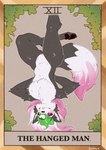 alice(forgoten01) anthro arm_tuft black_nose blush breasts card cheek_tuft facial_tuft featureless_breasts female fluffy_chest fur genitals green_hair grey_body grey_fur hair heterochromia leaf major_arcana multicolored_body multicolored_fur pink_hair pussy shoulder_tuft solo tarot tarot_card text the_hanged_man_(tarot) thick_thighs tuft upside_down bulba_(artist) canid canine canis domestic_dog fox hybrid mammal pampas_fox south_american_fox digital_media_(artwork) digital_painting_(artwork) english_text hi_res signature trans_(lore) trans_woman_(lore)