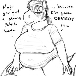 ambiguous_penetration anthro bedroom_eyes big_breasts bottomless breasts clothed clothing dialogue female half-closed_eyes narrowed_eyes nipples overweight overweight_anthro overweight_female penetration seductive sex shirt solo straddling t-shirt text topwear wide_hips komododad suzanne_winters equid equine horse mammal 1:1 black_and_white english_text hi_res monochrome