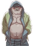 anthro belly blush bottomwear clothed clothing cute_fangs fangs hoodie kemono male moobs navel open_clothing open_hoodie open_topwear overweight overweight_male pants pubes simple_background solo teeth topwear white_background ryuta-h canid canine canis mammal wolf 2022 hi_res