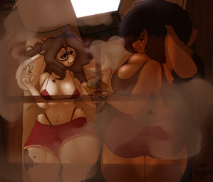 anthro bed big_breasts big_butt bottomwear bra breasts butt clothing computer drugs duo electronics female female/female furniture g-string intersex laptop lying marijuana on_back on_front shirt shorts smoking stoned substance_intoxication tank_top thick_thighs topwear underwear braindeadkara cedar_(braindeadkara) hani_(braindeadkara) hare humanoid lagomorph leporid mammal rabbit absurd_res hi_res