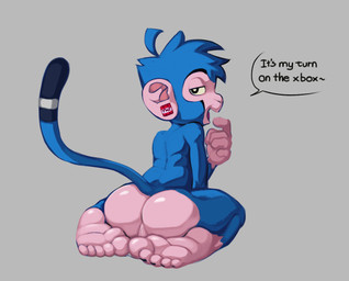 anthro backsack balls blue_body blue_fur blue_hair butt dialogue ear_piercing feet fur genitals glistening glistening_butt hair looking_at_viewer looking_back male open_mouth piercing presenting presenting_hindquarters raised_tail rear_view solo speech_bubble tail talking_to_viewer text owy ooky_(character) haplorhine mammal monkey primate english_text