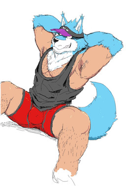 armpit_hair black_nose blue_body blue_fur body_hair bulge clothing detailed_bulge fur genital_outline grin hat headgear headwear male muscular muscular_male penis_outline red_clothing red_underwear shirt simple_background smile solo split_form tank_top teeth topwear underwear white_background white_body white_fur monapic_chang subaru_(monapic_chang) canid canine canis domestic_dog humanoid mammal 2018 digital_drawing_(artwork) digital_media_(artwork) hi_res