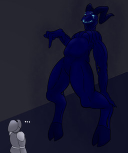 ambiguous_gender anthro armor bared_teeth beckoning belly bent_legs blue_body blue_eyes blue_horn blue_mouth blue_skin claws dark_blue_skin digitigrade duo ellipsis gesture glowing glowing_eyes glowing_mouth grin hand_gesture headgear helmet hooves horn knight leaned_back looking_down looking_up multi_eye no_genitals pointing pointing_down sharp_teeth simple_background size_difference smile smoke teeth teeth_showing text toothy_smile warrior anoelotl dungeons_and_dragons hasbro wizards_of_the_coast human humanoid mammal monster nightwalker_(species) shadow_creature undead 5:6 digital_drawing_(artwork) digital_media_(artwork) hi_res shaded