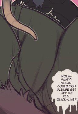 anthro bottomwear bulge bulge_focus clothing dialogue erection exclamation_point green_bottomwear green_clothing green_pants pants question_mark solo_focus text king_slabu adrian_(king_slabu) nolan_(king_slabu) american_opossum canid canine canis domestic_dog mammal marsupial virginia_opossum absurd_res comic compression_artifacts digital_media_(artwork) english_text hi_res