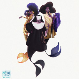 5_fingers alternate_species arms_bent beads black_clothing black_eyewear black_hair black_lips black_robe black_sunglasses black_tail black_veil blue_tail brown_body brown_eyebrows brown_skin chain clothed clothed_female clothed_humanoid clothing coat dark_body dark_skin ear_piercing electronics eyebrows eyes_closed eyewear female fin fingers gold_dress gold_ring gold_tail hair holding_clothing holding_coat holding_microphone holding_object holding_topwear jacket light lips looking_at_viewer microphone nun_outfit nun_veil open_mouth open_smile performing piercing prayer_beads purple_clothing purple_coat purple_shirt purple_topwear robe shirt simple_background smile solo sparkles sparkling_tail split_form sunglasses tail tail_fin teeth text topwear veil white_background yellow_clothing yellow_jacket_(clothing) yellow_topwear alice_pisoni mermay sister_act_(series) deloris_wilson-van_cartier humanoid humanoid_merfolk marine merfolk 1:1 2023 absurd_res adobe_photoshop_(artwork) artist_name colored dated digital_drawing_(artwork) digital_media_(artwork) english_description english_text hi_res lighting shaded