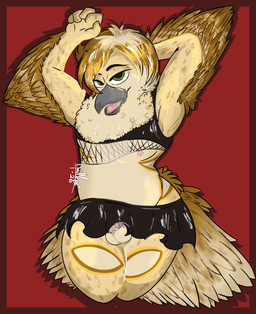 anthro arms_above_head bedroom_eyes belly bottomwear chastity_cage chastity_device clothing crop_top femboy hands_behind_back hands_behind_head male narrowed_eyes nipples open_mouth seductive shirt skirt slightly_chubby solo topwear winged_arms wings chilltepe rye_owl_(character) avian bird owl absurd_res hi_res