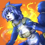 accessory anthro armor bandeau belly big_breasts black_nose blue_body blue_eyes blue_fur blue_hair blue_tail bottomless breasts casual_exposure cheek_tuft chest_tuft cleavage clothed clothing emerald_(gem) eyebrows eyelashes eyeliner facial_tuft female fire fluffy fluffy_tail fur furgonomics gem gold_(metal) gold_jewelry gold_necklace gradient_background hair half-closed_eyes hip_tuft ineffective_clothing jewelry long_hair long_tail looking_aside looking_at_viewer makeup markings mascara multicolored_body multicolored_fur narrowed_eyes navel necklace no_underwear orange_background pink_tongue pubic_mound red_background sapphire_(gem) simple_background slim small_waist smile snout solo tail tail_accessory tailband tattoo teeth text tight_clothing tongue tongue_out topwear tribal tribal_markings tuft unconvincing_armor under_boob white_belly white_body white_fur yellow_background rach_verity nintendo star_fox krystal_(star_fox) canid canine fox mammal 2016 english_text hi_res portrait signature three-quarter_portrait