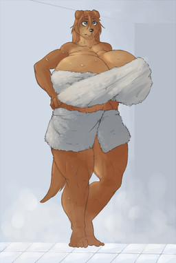 anthro bath big_breasts blue_eyes breasts brown_body brown_fur clothed clothing female fur hair huge_breasts long_hair pose shower solo standing three-quarter_view towel towel_only wet signirsol whitney_(signirsol) canid canine canis domestic_dog mammal digital_drawing_(artwork) digital_media_(artwork) full-length_portrait portrait warm_colors