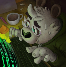 anthro beverage black_nose bodily_fluids coffee computer electronics eyewear glasses humanoid_hands male overweight overweight_male solo sweat osos bear mammal 2015 archived_source