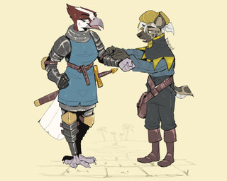 anthro armor armor_plates bag barefoot beak belt boots clothing duo feet female footwear gauntlets gloves hair handwear hat headgear headwear looking_at_another looking_down male male/female medieval open_beak open_mouth shoes tail teeth teeth_showing tongue wearing_hat white_hair mawkvlt kolya_yeen_(mawkvlt) avian hyena mammal spotted_hyena 5:4 hi_res