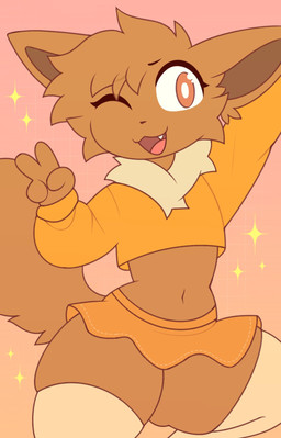 4_fingers anthro bottomwear brown_body brown_eyes brown_fur brown_hair brown_inner_ear brown_nose cat_smile cheek_tuft clothed clothing crop_top crossdressing crossdressing_male cute_fangs facial_tuft fangs femboy fingers fur geometric_background gesture gradient_background grid_background hair hand_gesture legwear male midriff miniskirt navel neck_tuft on_one_leg one_eye_closed open_mouth open_smile orange_clothing orange_crop_top orange_miniskirt orange_shirt orange_topwear pattern_background shirt simple_background skirt smile solo sparkles standing tail tan_body tan_clothing tan_fur tan_legwear tan_thigh_highs teeth thigh_highs topwear tuft v_sign wink ohalphabetboyy nintendo pokemon eevee generation_1_pokemon pokemon_(species) 2026 hi_res