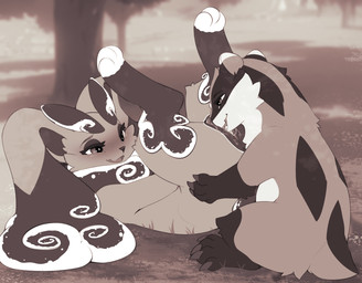 anthro big_ears blush blush_lines bodily_fluids claws cunnilingus duo female feral genital_fluids genitals grass interspecies larger_female legs_up licking long_ears lying male male/female nude on_back oral outside outside_sex paws plant pokephilia semi-anthro sex size_difference smaller_male smile tongue tree vaginal vaginal_fluids vulva camychan nintendo pokemon baz_badger cassia_(bazbadger) badger european_badger generation_4_pokemon lopunny mammal meles mustelid musteline pokemon_(species) hi_res monochrome