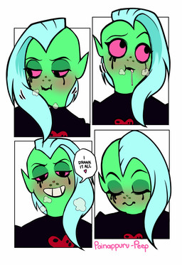 blush bodily_fluids clothed clothing cum cum_in_mouth cum_inside dialogue drinking drinking_cum eyebrows eyes_closed female freckles genital_fluids green_body green_skin hair half-closed_eyes heart_symbol humanoid_pointy_ears long_hair motion_lines narrowed_eyes noseless not_furry parody pink_sclera pointy_ears smile solo speech_bubble teeth text white_hair painappuru-peep disney wander_over_yonder lord_dominator alien alien_humanoid humanoid 2016 artist_name english_text hi_res