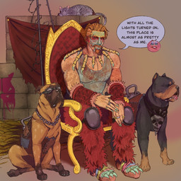 alternative_fashion ambiguous_gender armor beard bodypaint bone bone_necklace bracers chain_collar chair cinder_block collar emoji eyebrow_piercing face_paint facial_hair facial_piercing feral freckles fur fur_pants furniture group hair jewelry kerchief knee_pads lip_piercing male male_human multicolored_body multicolored_fur mustache necklace nose_piercing not_furry on_chair ornate_furniture outside piercing red_hair ring_(jewelry) simple_background sitting sitting_on_chair sitting_on_ground sitting_on_throne sleeping_on_ledge speech_bubble standing text the_pack_(fallout) throne wearing_goggles slugginz fallout microsoft mason_(fallout) raider_(fallout) canid canine canis domestic_cat domestic_dog felid feline felis human mammal 1:1 english_description english_text hi_res
